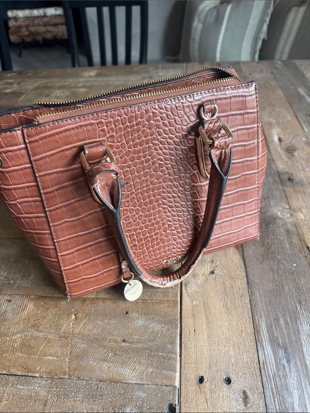 Dune London Croc-Embossed Tan Satchel with Gold Hardware